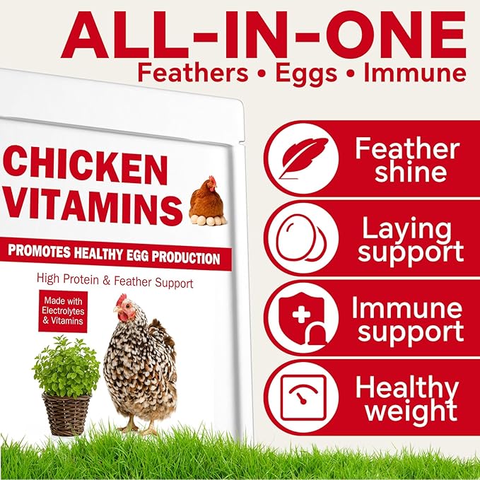 Chicken Vitamins & Electrolytes for Water — Immunity, Feather Health & Egg Production — Hydration + Glossy Feathers + Stronger Shells — Electrolytes, Calcium & Biotin, Vitamin D3 — 16 oz Powder
