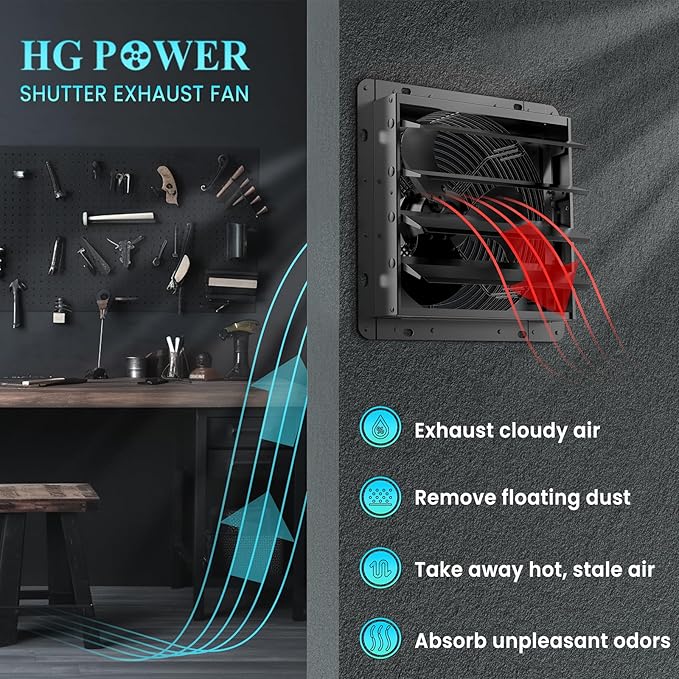 HG Power 16 Inch Shutter Exhaust Fan with Speed Controller, 1096 CFM High-Speed Vent Fan, Wall Mounted Attic Fan for Shed, Basement, Gable, Chicken Coop Ventilation Use, Black