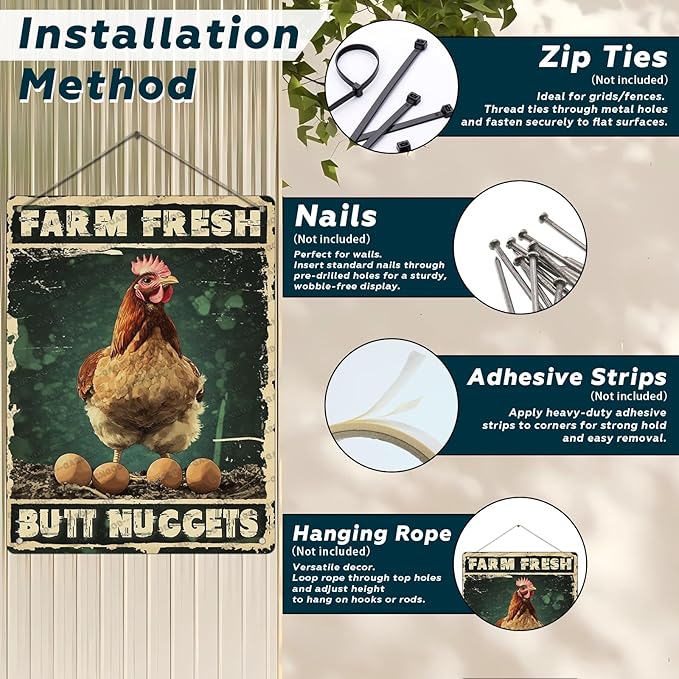 Rustic Vintage Chicken Farm Metal Sign Chicken Coop Farm Fresh Butt Nuggets Metal Poster Home Garden Farmhouse Restaurant Garage Cafe Aluminium Sign Art Wall Decor 16x12 Inch
