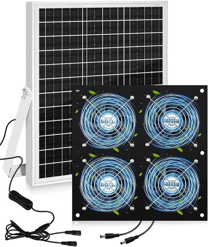 Solar Exhaust Fan for Chicken Coop with 25W Solar Panel & 4-Pack High-Speed Brushless DC Fans, Solar Powerd Shed Ventilation Fan for Chicken Coops, Greenhouses, Sheds, Pet Houses