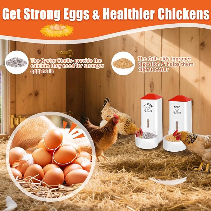 2 Pack Chicken Grit and Oyster Shell Feeder, Automatic PVC Chicken Feeder with Visual Window and Lid, Hanging Chicken Feeder for Strong Eggs Healthier Poultry