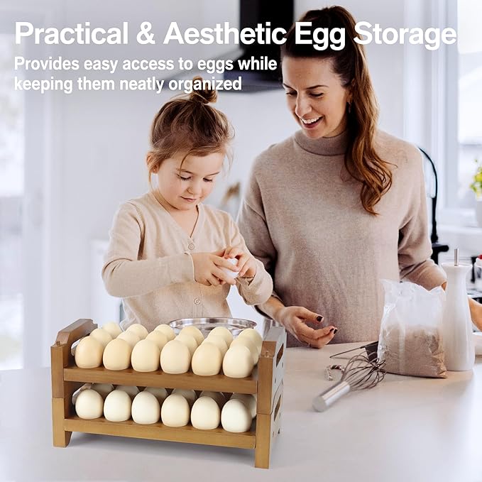 2-Tier Wooden Egg Holder for 36 Eggs, Wooden Egg Holder Countertop with Carry Handle for Chicken, Duck, and Quail Eggs (Stackable)