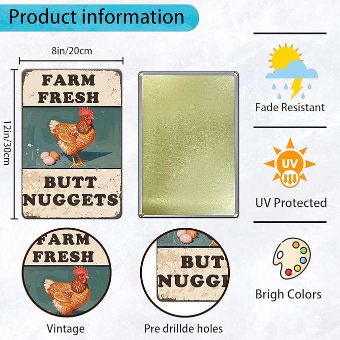 Chicken Coop Sign Farm Fresh Butt Nuggets Tin Sign Plaque Metal Poster 12x8 Inch Wall Decor