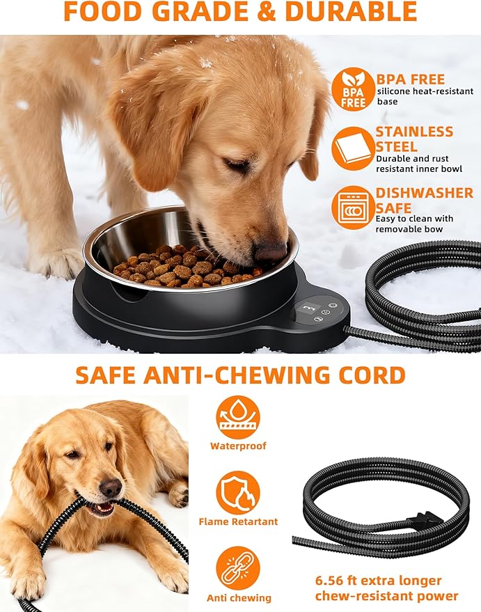 Heated Water Bowl for Dogs & Cats, 100W Heated Pet Bowl Outdoor with 3 Temperature Settings, 12H Timer, BPA-Free&50OZ Removable Stainless Steel Bowl, Anti-Chew Cord for Chickens, Ducks, Birds, Animal