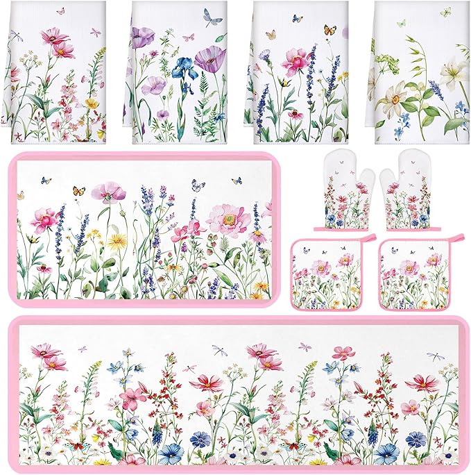 10 Pcs Wildflower Kitchen Dish Towels Rugs Oven Mitts and Pot Holders Set Farmhouse Kitchen Decor Set for Women Mom Daughter Gift Cooking Baking Grilling (Pastel Pink White)
