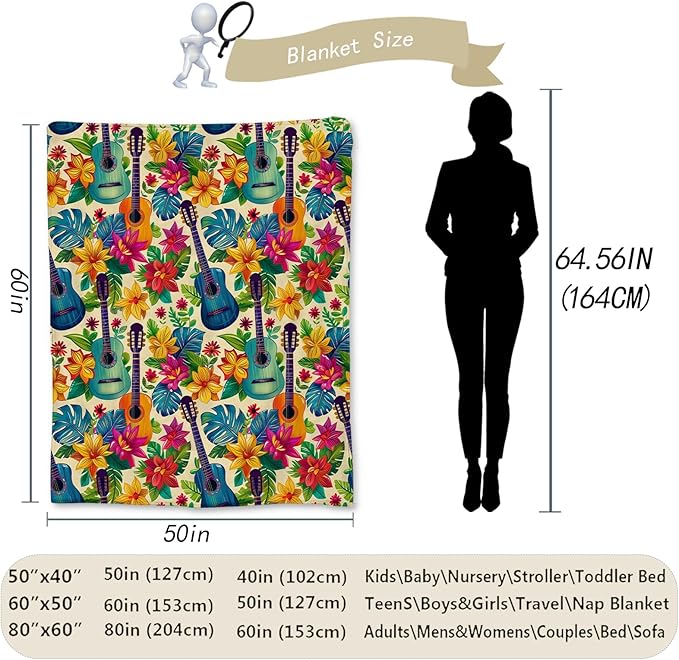 Tropical Colorful Guitar and Floral Blanket, Soft Flannel Throw for Couch, Bed, Travel, Living Room & Home Decor, Cozy Lightweight Warm Fuzzy Blankets for Adults Kids Women Girls 60×50 in