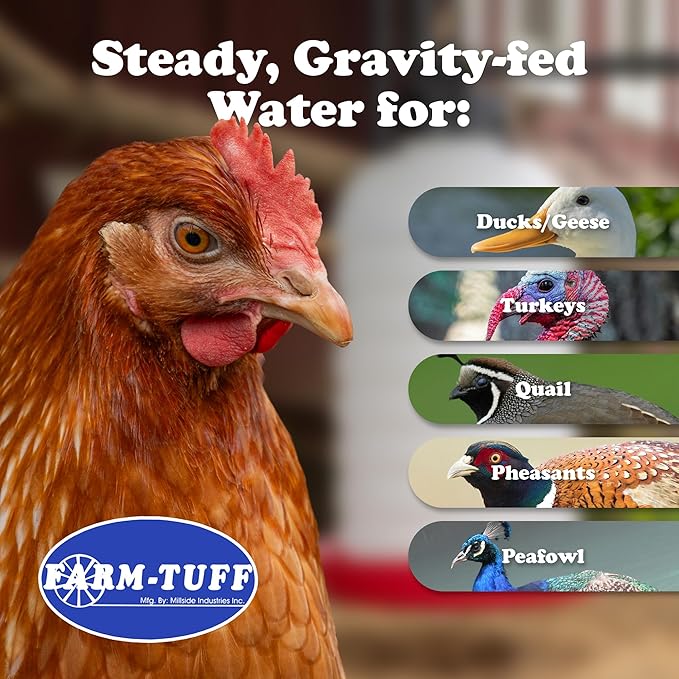 FARM-TUFF Hanging Chicken Waterer, 7 Gallon Capacity - Durable BPA-Free Plastic Poultry Fountain with Top Fill Design - Automatic Water Dispenser for Chickens, Ducks, Turkeys & Game Birds