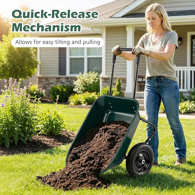 IRONMAX Dual-Wheel Wheelbarrow, Heavy Duty Wheel Barrel with All-Terrain Wheels, 330 LBS Utility Yard Cart with Built-in Stand, Outdoor Gardening Carts for Lawn, Farm, Planting (Dark Green)