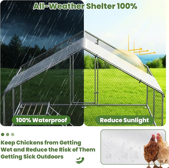 Large Metal Chicken Coop with Roosting Ladder, UV-Resistant and Waterproof Cover, Outdoor Walk-in Cage Hen House for Yard Farm Rabbit Duck Chicken Run, Spire Roof (13.1'W x 9.8'L x 6.4'H)