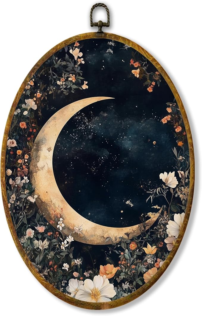 Hiuwevt Mystical Star Sky Floral Oval Wall Art Decor, Dark Cottagecore Crescent Moon Framed Canvas Prints, Rustic Wildflower Oval Wall Hanging Decor for Home Gallery Decorations, 8.6x11.4 Inches