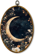 Hiuwevt Mystical Star Sky Floral Oval Wall Art Decor, Dark Cottagecore Crescent Moon Framed Canvas Prints, Rustic Wildflower Oval Wall Hanging Decor for Home Gallery Decorations, 8.6x11.4 Inches