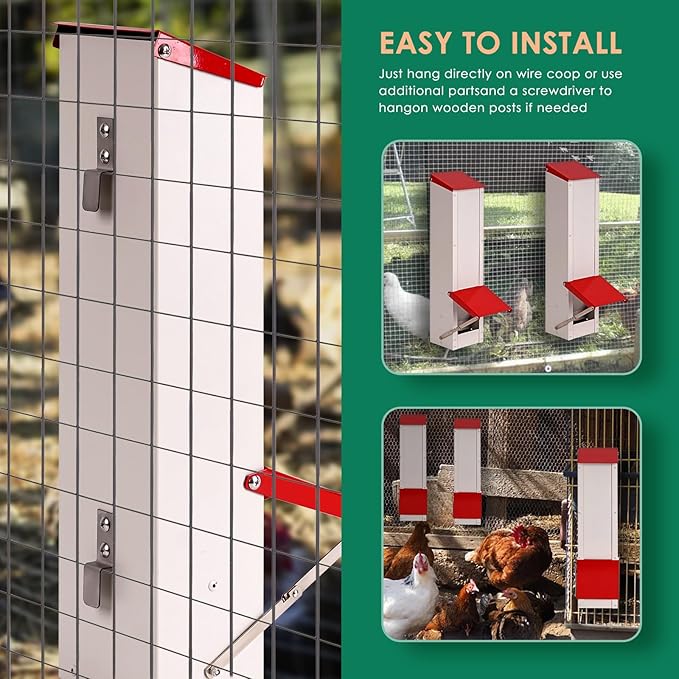 Galvanized Chicken Feeder Hanging Chicken Coop Feeder Automatic Gravity Feeder Outdoor Weatherproof Metal Poultry Feeder with Lid Holds 8Lbs of Feed, No Waste Design