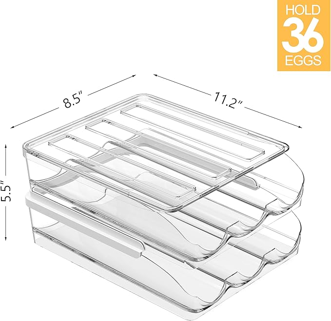 Proarea Egg Holder for Fridge, Stackable Rolling Egg Organizer for Refrigerator, Clear Egg Storage Container with Lid, Auto Rolling Egg Dispenser, Holds 36 Eggs, 18 Eggs per Tray