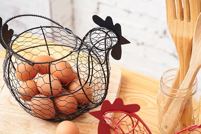 tag 11.5 inch Black Farmhouse Rustic Vintage Chicken Wire Egg Basket with Handle for Egg Holder Fruit and Kitchen Living Room Home Rooster Decor Decoration Collecting and Countertop Storing Eggs