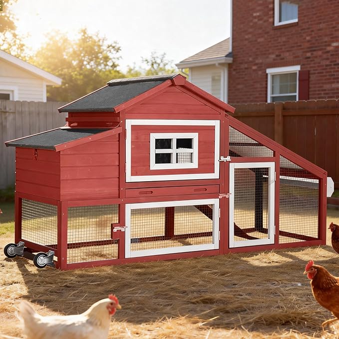 Mobile Chicken Coop with Run, Large Hen House Poultry Cage with Wheels, Nesting Box, Pull-Out Tray, Waterproof Roof, Red, 72.3" L x 26" W x 39.4" H, for 3-5 Chickens