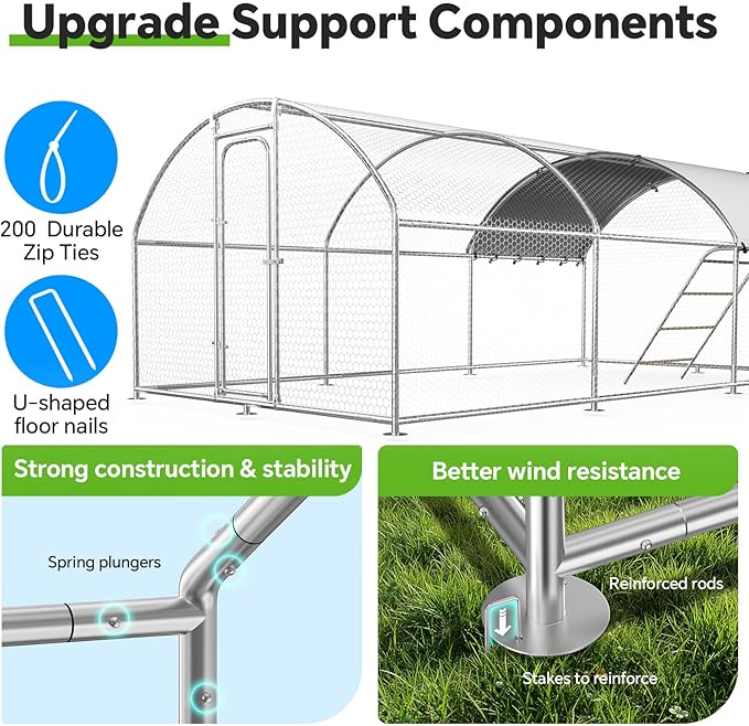 Chicken Coop with Roosting Perch, Large Metal Chicken Hen Run Poultry Cage with Water-Resident Cover for Rabbit Duck House Walk-in Chicken Pen for Yard, Dome Roof(10’ W x 19.7’ L x 6.4’ H)