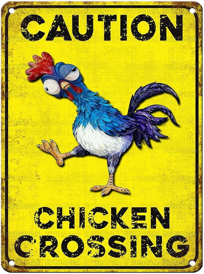 Vintage Chicken Tin Sign Caution Chicken Crossing Retro Coop Metal Sign Funny Nostalgic Rustic Wall Decor For Farmhouse Farm Outdoor Poultry House Yard Garden Kitchen Cafe 16 * 12In