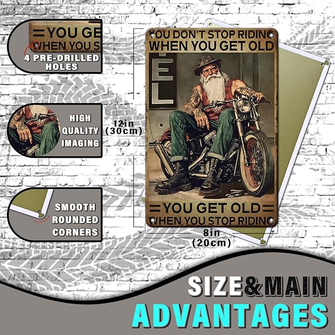 PEACHGARDEN Motorcycle Vintage Tin Signs You Don’t Stop Racing When You Get Old Poster Metal Tin Sign Home Family Lovers Gift Funny Bedroom Novelty Retro Parlor Courtyard Wall Decor 8x12inch