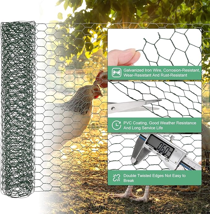 Chicken Wire for Floral Arrangements, 14 x 39 in Galvanized Iron Hexagonal PVC Coated for Crafts/Poultry/Garden, Chicken Wire Netting Fence Mesh [Green]