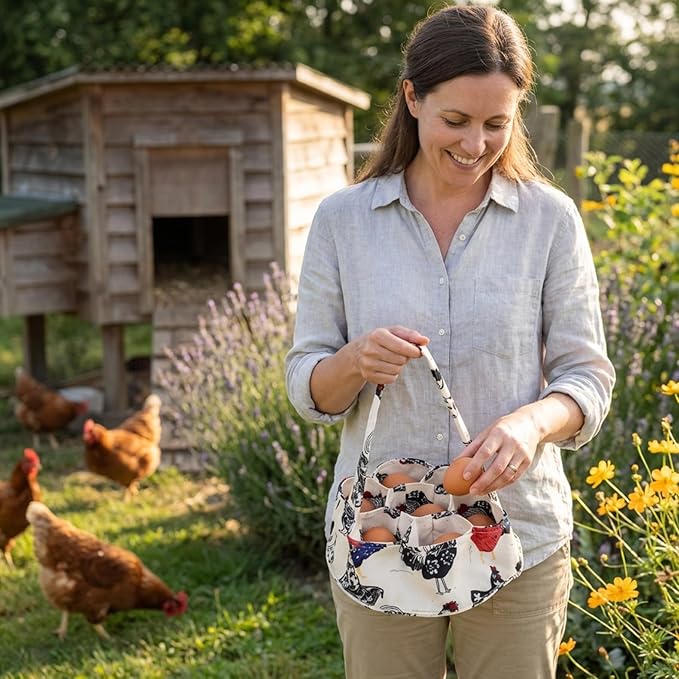 Egg Collecting Basket, Handheld Chicken Egg Holder with 7 Individual Bags for Gathering Fresh Eggs Safely from Coop to Kitchen Collecting Basket, for Gathering Fresh Eggs..