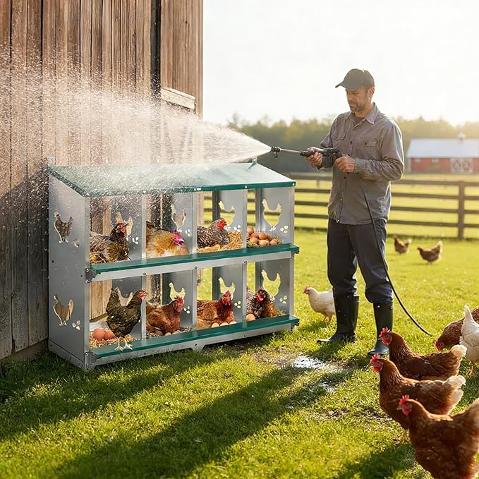 Chicken Nesting Box 8 Compartment with 10 Pet Moisture Pads and 4 Fake Eggs Roll Away Egg Collection, Perch, Lid Cover for Egg Protection - Wall Mount Nest Box for Chickens, Hens, Ducks