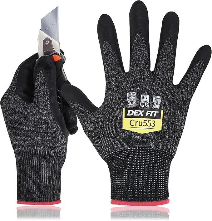 DEX FIT Level 5 Cut Resistant Gloves Cru553, 3D-Comfort Stretchy Fit, Power Grip, Professional Grade, Thin, Touch-Screen Compatible, Durable, Machine Washable; Black Gray XXL (11) 1 Pair