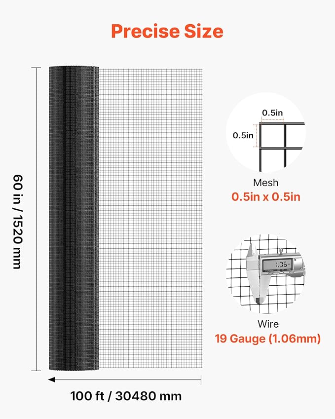 VEVOR Hardware Cloth 60 in x 100 ft, 1/2 in 19 Gauge Galvanized Wire Mesh Roll, Weather-Resistant Vinyl Coated Chicken Wire Fencing, Heavy Duty Welded Garden Plant Fencing for Rabbit Cage Snake Fence