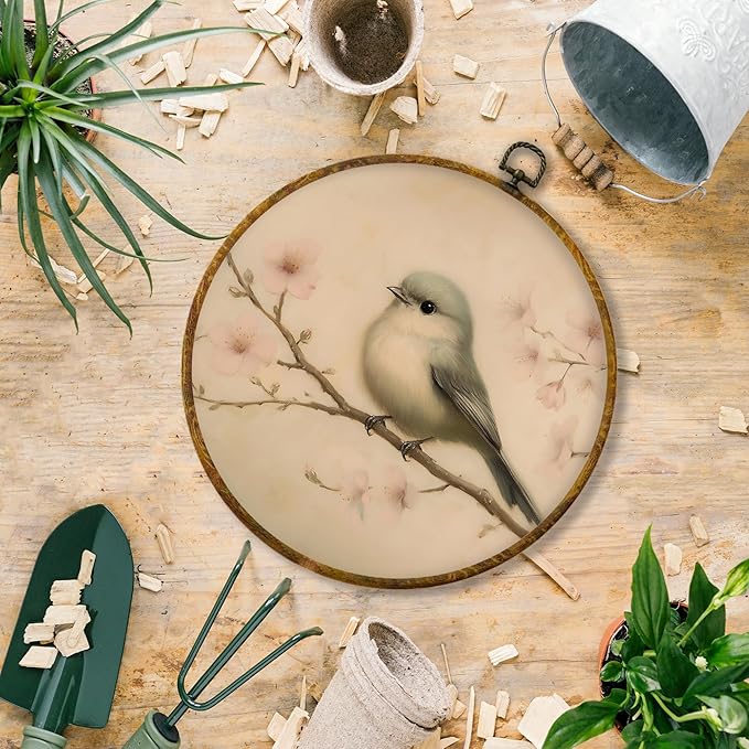 Hiuwevt Vintage Bird Round Wall Art Decor, Retro Rustic Bird Framed Canvas Prints, Farmhouse Cottagecore Floral Round Wall Hanging Decor for Home Bedroom Living Room Decorations, 10x10 Inches