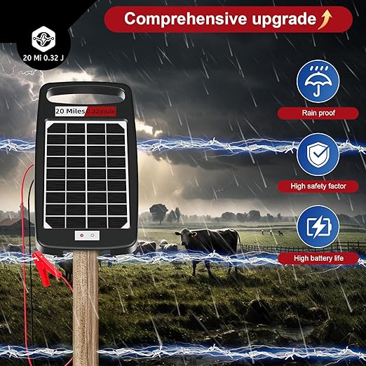 20 Miles Solar Electric Fence Charger,Output 0.32J Electric Fence Charger,24-Hour Uninterrupted Protection Solar Fence Charger,Solar Fence Energizerr That can Work for 14 Days Without Sunlight