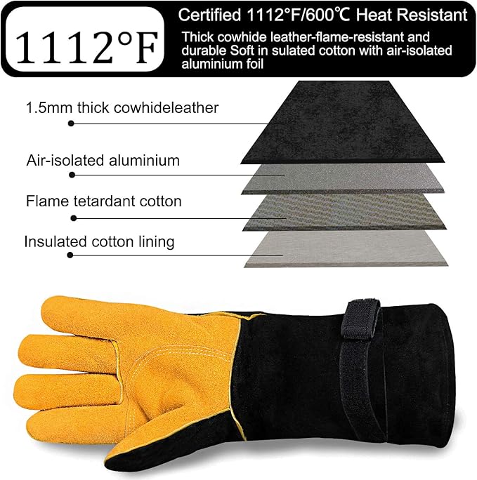 Welding Gloves, 1112°F Heat/Fire Resistant/Leather Forge Gloves, with Kevlar Stitching String, 16 inches Extra Long Sleeve and Fireproof Hook and Loop Tape,fit for Mig/Tig