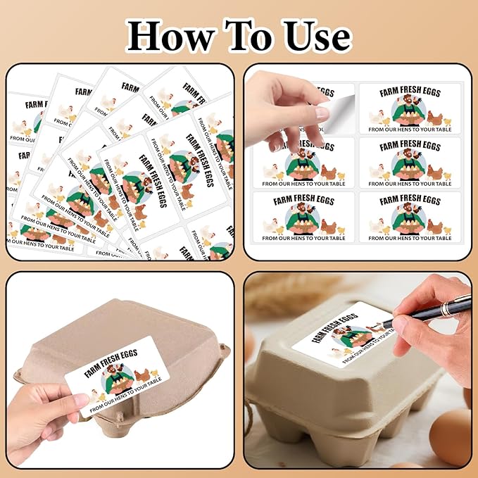 60Pcs 2" x 4" Farm Fresh Eggs Label Rectangle Egg Carton Stickers from Our Hens to Your Table Self Adhesive Packaging Tags for Box Container Business Farmhouse Markets Supplies