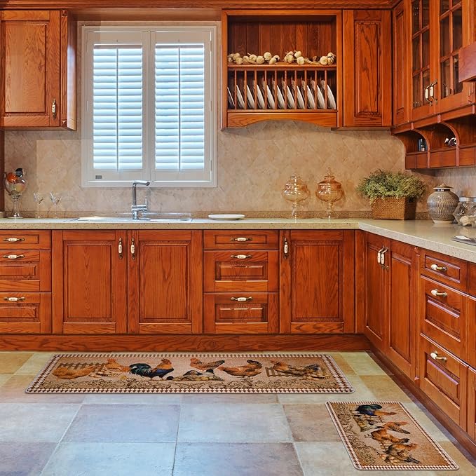 Bencailor 2 Pcs Winter Rooster Decor Kitchen Rug and Mat Rooster Kitchen Rugs Set Farmhouse Mat Decoration Chicken Non Slip Washable Doormat 17 x 30 Inch, 17 x 47 Inch