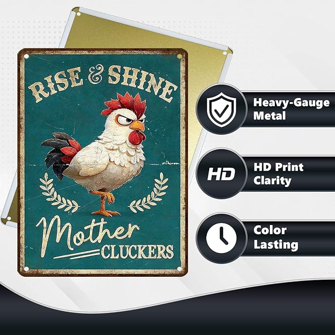 Funny Chicken Signs Rooster Kitchen Decor Rise And Shine Mother Cluckers Tin Signs Vintage Coop Metal Decor Rustic Wall Art For Home Farmhouse Farm Poultry House Cafe Bar Office 16 * 12 In