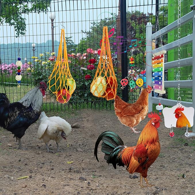12PCS Longer Chain Chicken Toys for Coop Accessories,Xylophone Swing Flexible Ladder String Bag Vegetable Fruits Skewer Mirror Grinding Stone Pecking for Hens Bird Parrot