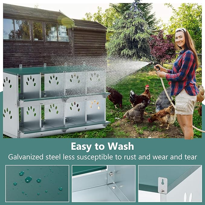 8 Compartment Chicken Nesting Boxes for Laying Eggs, Metal Poultry Nest Box Wall Mount for Chickens, Hens, Large Vented Holes Chicken Coop Box Green (8 Holes)