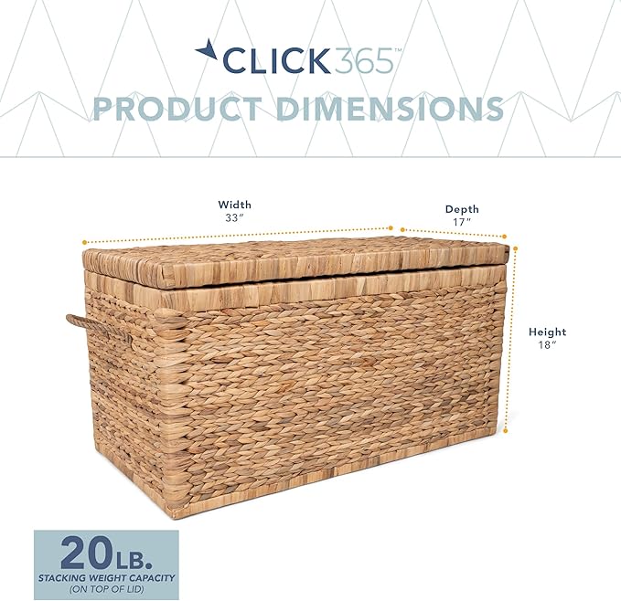 ClickDecor Storage Trunk, Farmhouse Style, Extra Large (33”), Deep, Woven Wicker Chest With Metal Frame, 2 Handles, Flip Top Lid and Stay Open Safety Hinges, Sustainable Eco Material, Natural Wicker