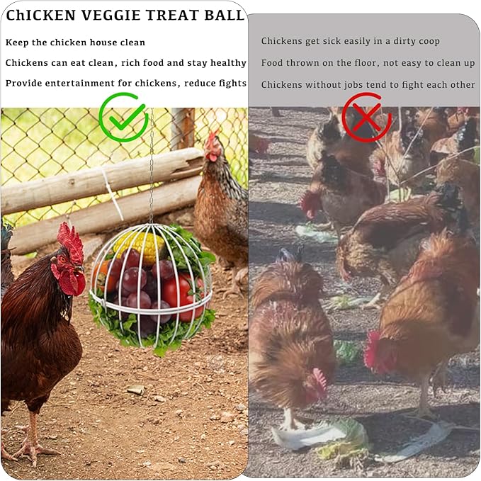 Hanging Chicken Feeder - 7.1 Inch Large Iron Chicken Veggie Treat Ball - Sturdy Chicken Treat Holder with 15.7 Inch Hanging Chain - White