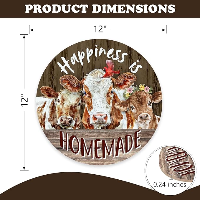 Vintage Farm Animals Cow Cardinal Front Door Sign, Retro Farmhouse Happiness is Homemade Barn Wood Plaque Hanger Outdoor Porch Home Decor, Rustic Country Wooden Wreath Wall Hanging Decoration
