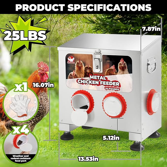 25 lbs 4-Port Automatic Chicken Feeder Box with Locking Lid&Riveted Handles,Chicken Feeder No Waste, Adjustable Legs for Chickens, Poultry Coop,Large Capacity Rainproof Metal Chicken Feeders
