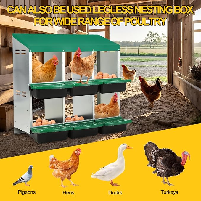 Two-Tier Chicken Nesting Box,6 Hole Metal Chicken Egg Laying Box with Swing Perch and Rollout Egg Collection Protect Eggs