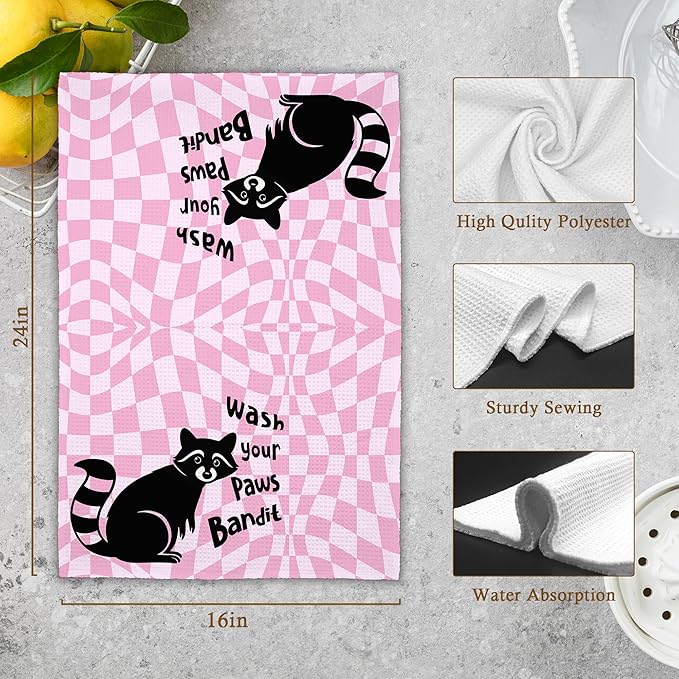 Pink Funny Raccoon Bathroom Kitchen Towels, Wash Your Paws Hand Towel for Girly Room, for Raccoon Lovers, Trendy Preppy Checkered Dish Towels Decor for Dorm Dining Room 16x24in