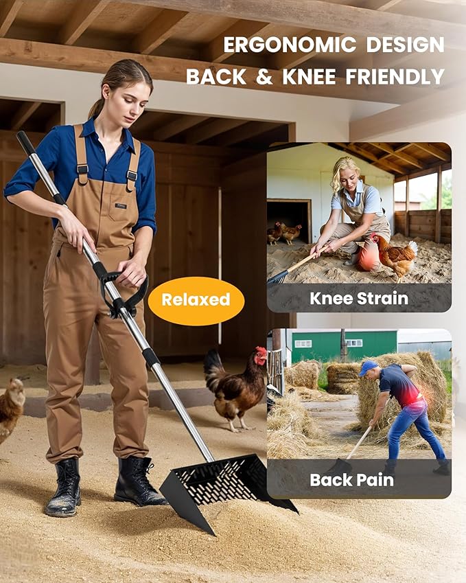 Chicken Poop Scooper & Rake 2-in-1 with Ergonomic Grip, Adjustable Length (22"–61.5"), Metal Sifting Shovel with Holes for Chicken Coop Cleaning, Multifunctional Chicken Manure Scoop