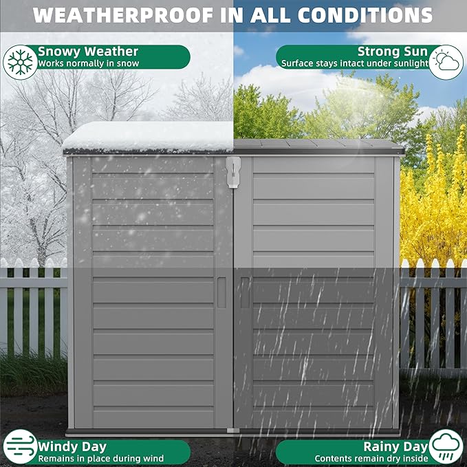 Outdoor Storage Shed, Horizontal Trash Can Storage for 2 Bins, 304 Gallon Double-Wall Resin Garbage Shed with Wood-Grain Texture, Smooth Lift Pistons & Anti-Collision Corners, Grey