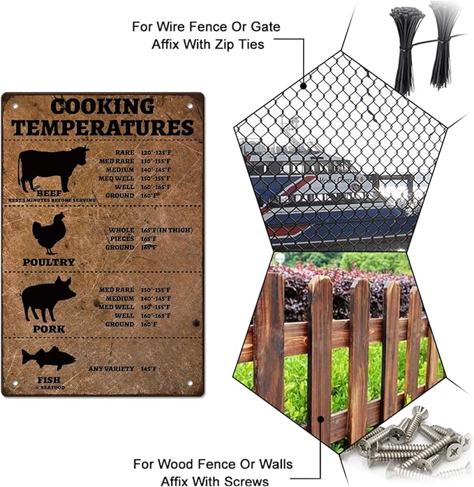 SUPERDANT Cooking Temperature Tin Signs Beef Poultry Pork Fish Funny Metal Sign Poster Kitchen Vintage Wall Art Plaque for Restaurant Cafe Living Room Bedroom Home Dining Room Garage Decoration Gifts
