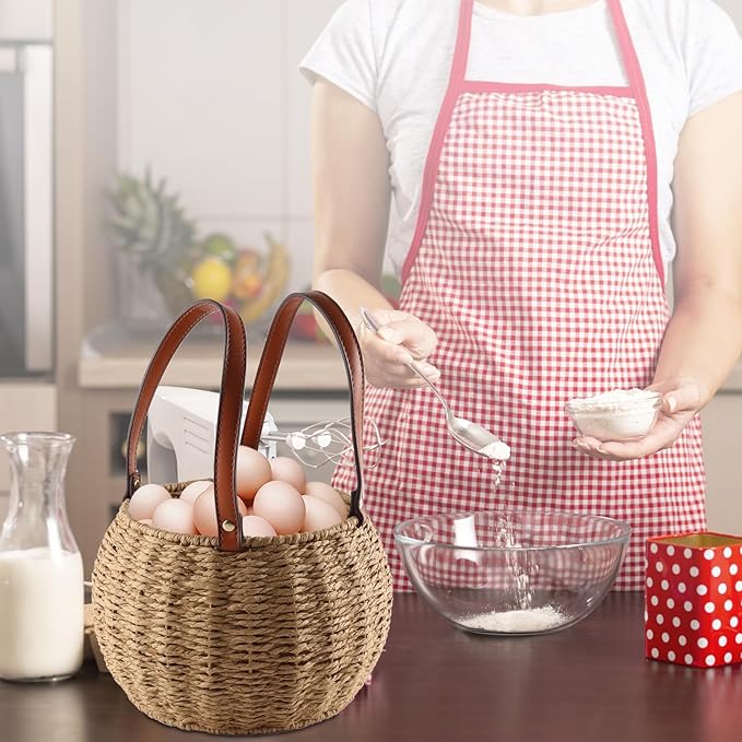 Farmhouse Egg Basket,Large Egg Collecting Basket with Handle,Round Wicker Egg Basket for Gathering and Carrying Fresh Eggs, Egg Holder for Kitchen Countertop,Picnic,Garden