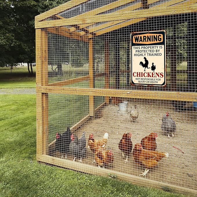Warning This Property Is Protected By Highly Trained Chickens Metal Tin Sign Funny Farmhouse Security Warning Sign Vintage Metal Wall Decor Novelty Farmhouse Chicken Coop Decor 8x12 Inch