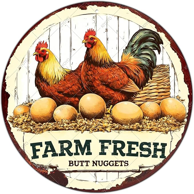 Antique Farm Fresh Eggs Metal Tin Sign Rustic Chicken Coop Decor Vintage Round Wall Art For Farmhouse Kitchen Outdoor Patio Retro Plaque 12 Inch