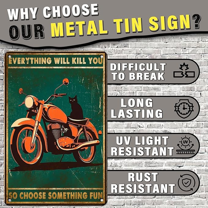 PEACHGARDEN Black Cat Metal Tin Sign Everything Will Kill You Choose Something Fun Retro Tin Signs Funny Motorcycle Sign for bar Coffee Shop Kitchen Home Wall Decoration Tin Sign 12x8inch