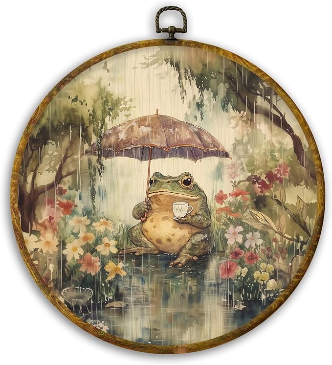 CUANFDDSF Vintage Frog Round Wall Art, Cottagecore Farmhouse Frog Framed Hanging Wall Decor, Whimsical Rainy Day Animal Canvas Prints Decorations for Home Bedroom Living Room, 10x10 Inch