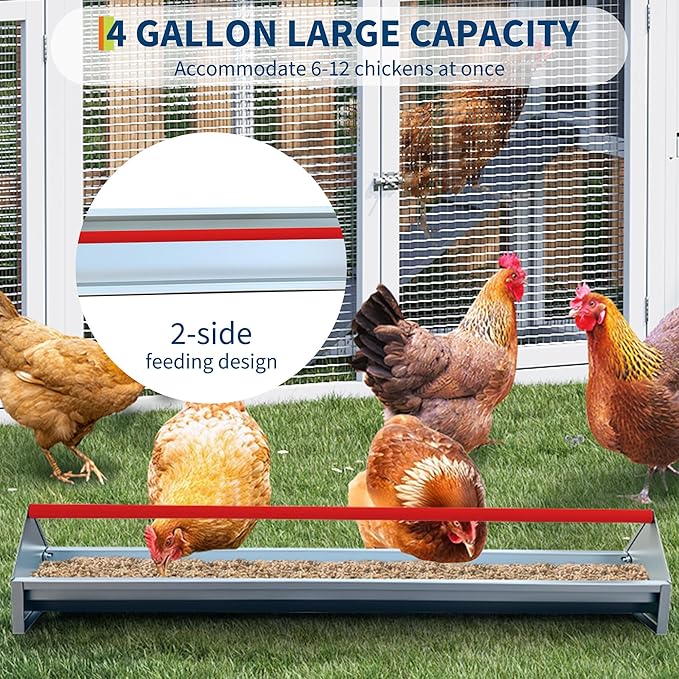 Chicken Feeding Trough 45 Inch, Heavy Duty Galvanized Steel Coop Feeder with Crossbar & Drainage Holes, Large Capacity Metal Poultry Trough Feeder for Ducks, Birds Red